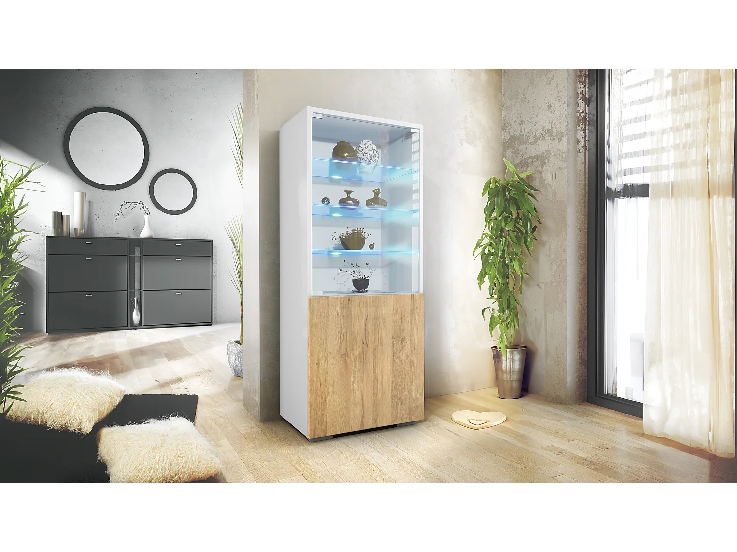 Vetrina Granada di Vladon, Armadio Vetrina Made in Germany con Porta in Vetro e Inserto in Vetro incl. LED, bianco opaco/rovere naturale (50 x 122,5 x 34,5 cm)