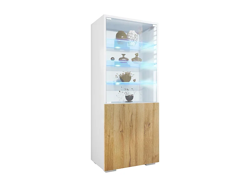 Vitrine Granada de , Armoire Vitrée Made in Germany avec Porte en Verre et Insert en Verre y compris LED, blanc mat/chêne nature (50 x 122,5 x 34,5 cm)
