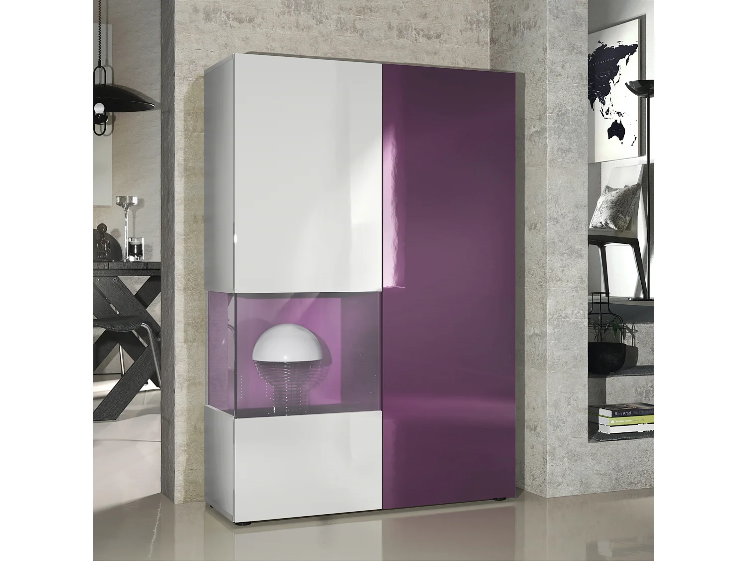 Vitrine Armoire Morena, Corps en Blanc mat / Porte droite et insert en Mûre haute brillance