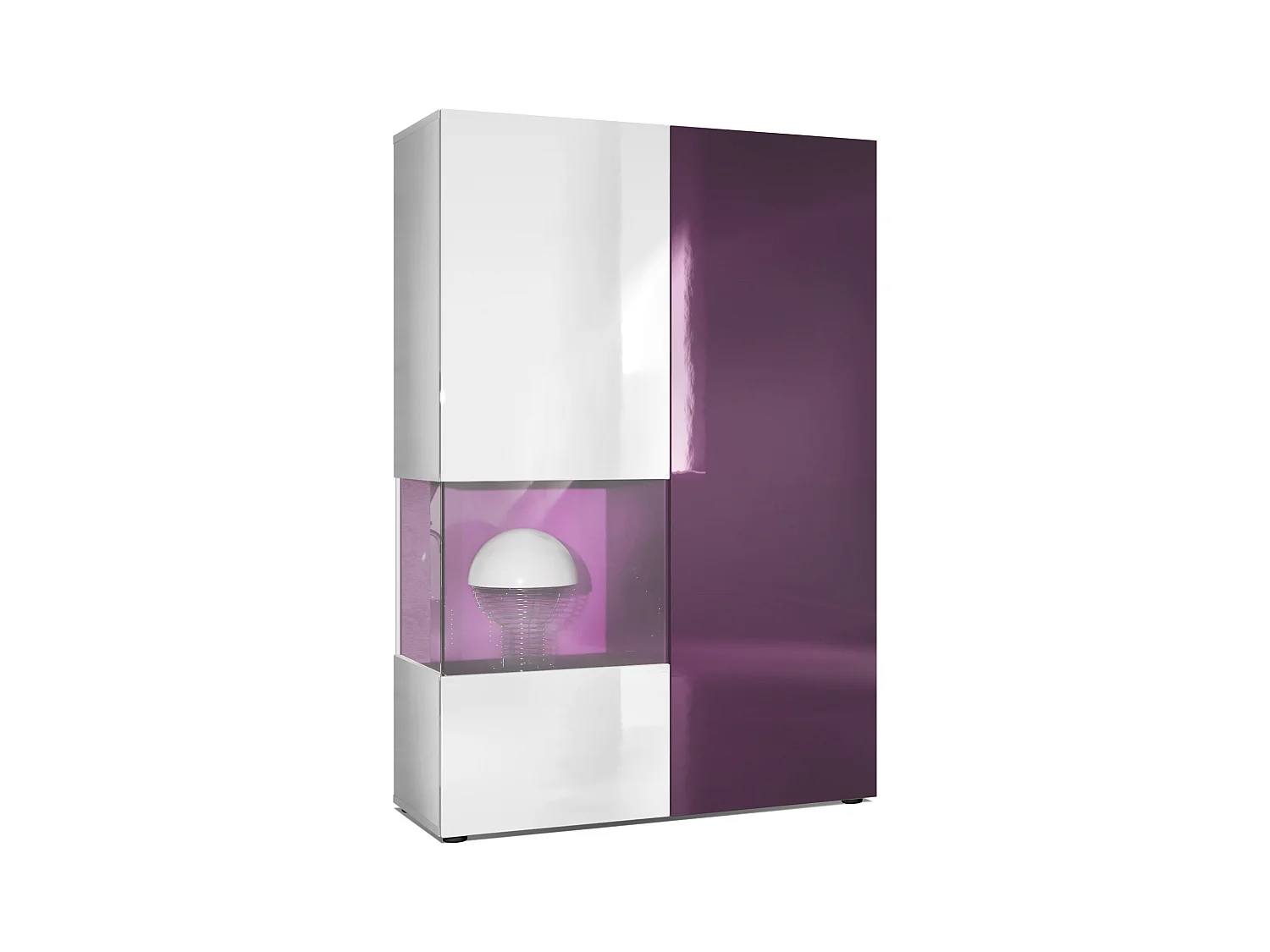 Vitrina Cómoda Morena, cuerpo en blanco mate/ puerta derecha e inserción en zarzamora de alto brillo