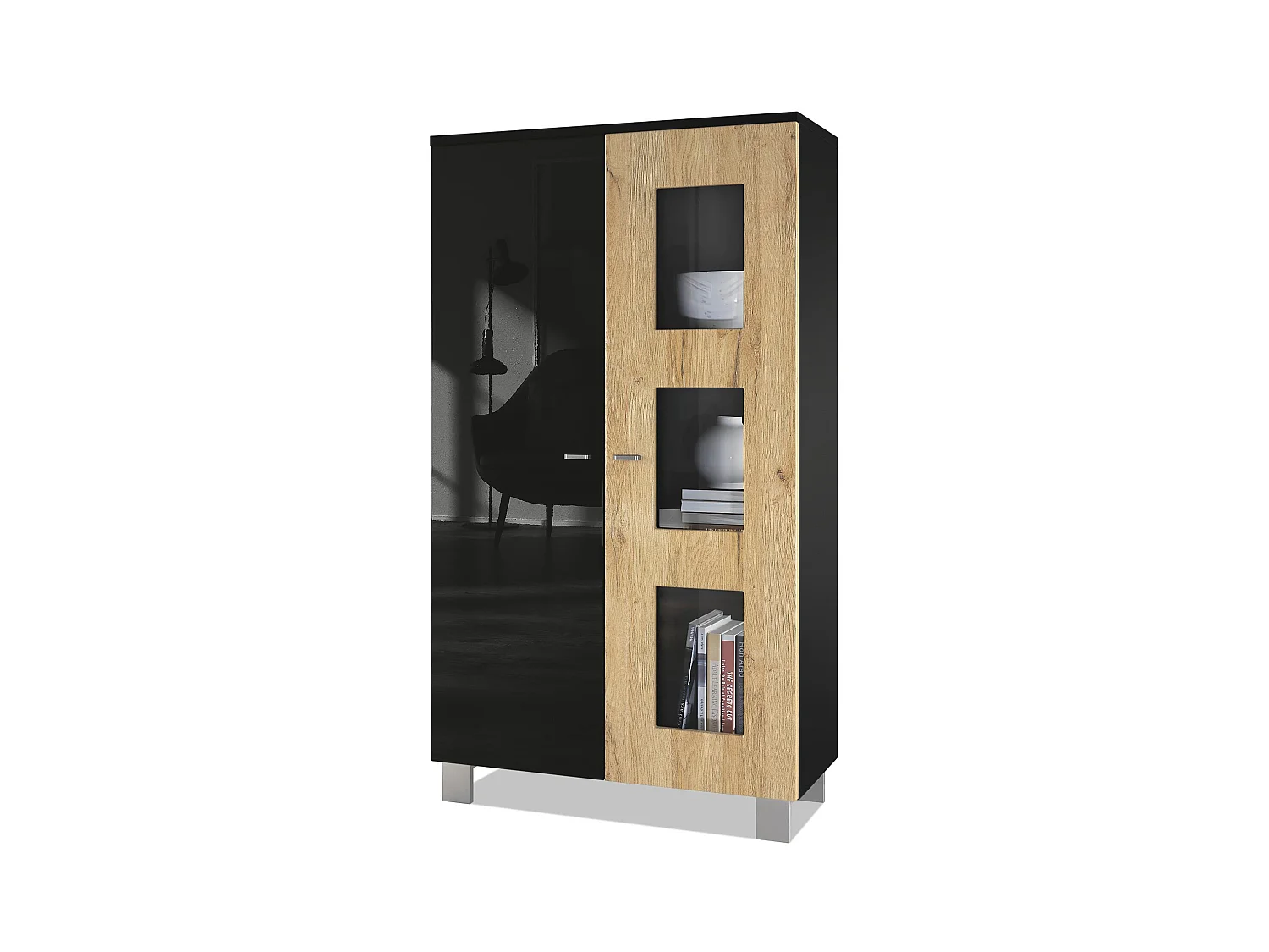 Vitrine de salon Denjo, Vitrine sur pied avec 2 portes et 3 vitres, Noir mat/Noir haute brillance/Chêne Nature (71 x 129 x 35 cm)