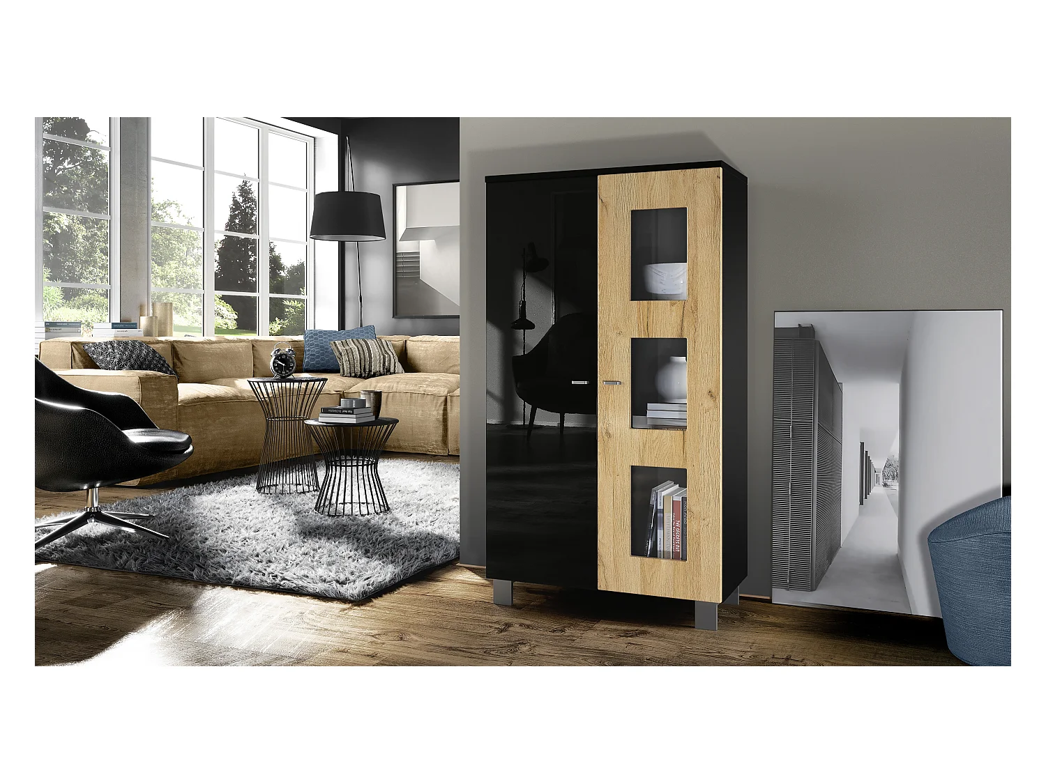 Vitrine de salon Denjo, Vitrine sur pied avec 2 portes et 3 vitres, Noir mat/Noir haute brillance/Chêne Nature (71 x 129 x 35 cm)