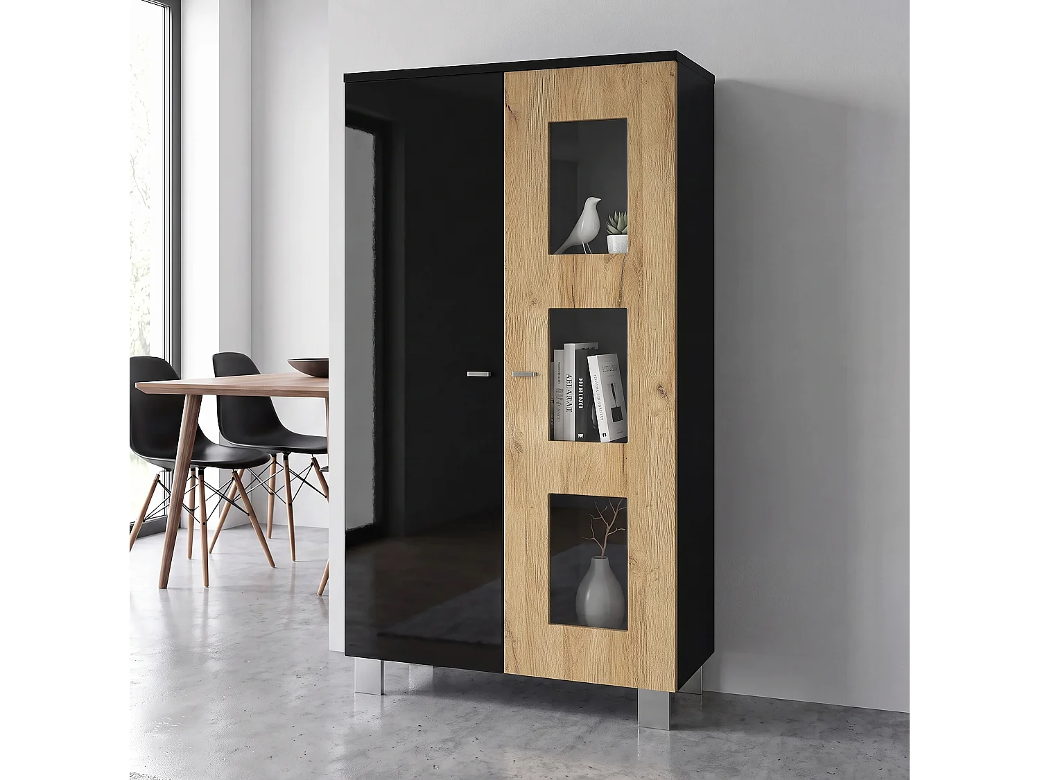 Vitrine de salon Denjo, Vitrine sur pied avec 2 portes et 3 vitres, Noir mat/Noir haute brillance/Chêne Nature (71 x 129 x 35 cm)