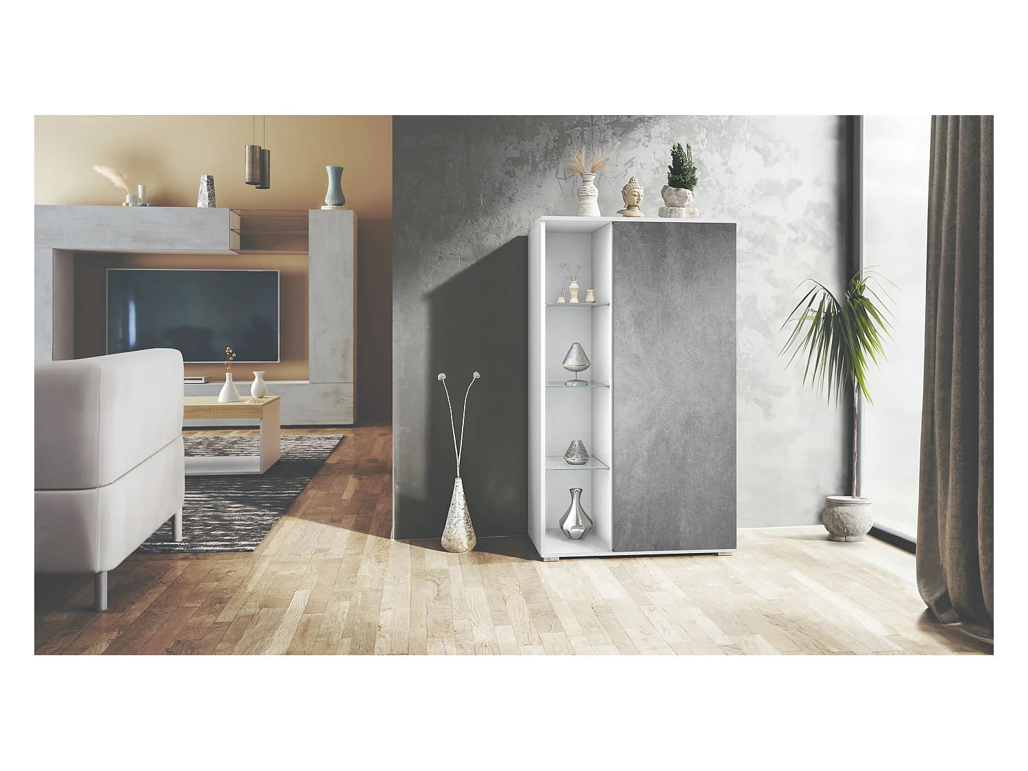 Vetrina Davos, vetrina indipendente con 3 ripiani in vetro e 8 vani, bianco opaco/Grigio pietra  (71,5 x 134 x 35 cm)
