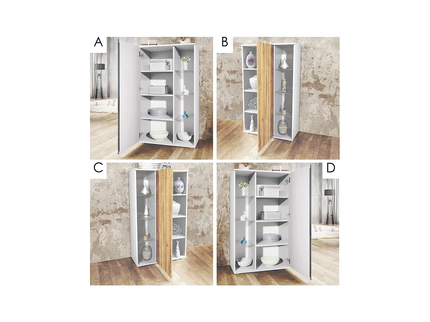 Vetrina Davos, vetrina indipendente con 3 ripiani in vetro e 8 vani, bianco opaco/Grigio pietra  (71,5 x 134 x 35 cm)