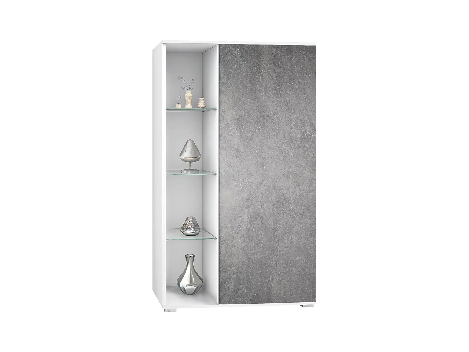 Vitrina Davos, vitrina independiente con 3 estantes de cristal y 8 compartimentos, blanco mate/Gris piedra  (71,5 x 134 x 35 cm)