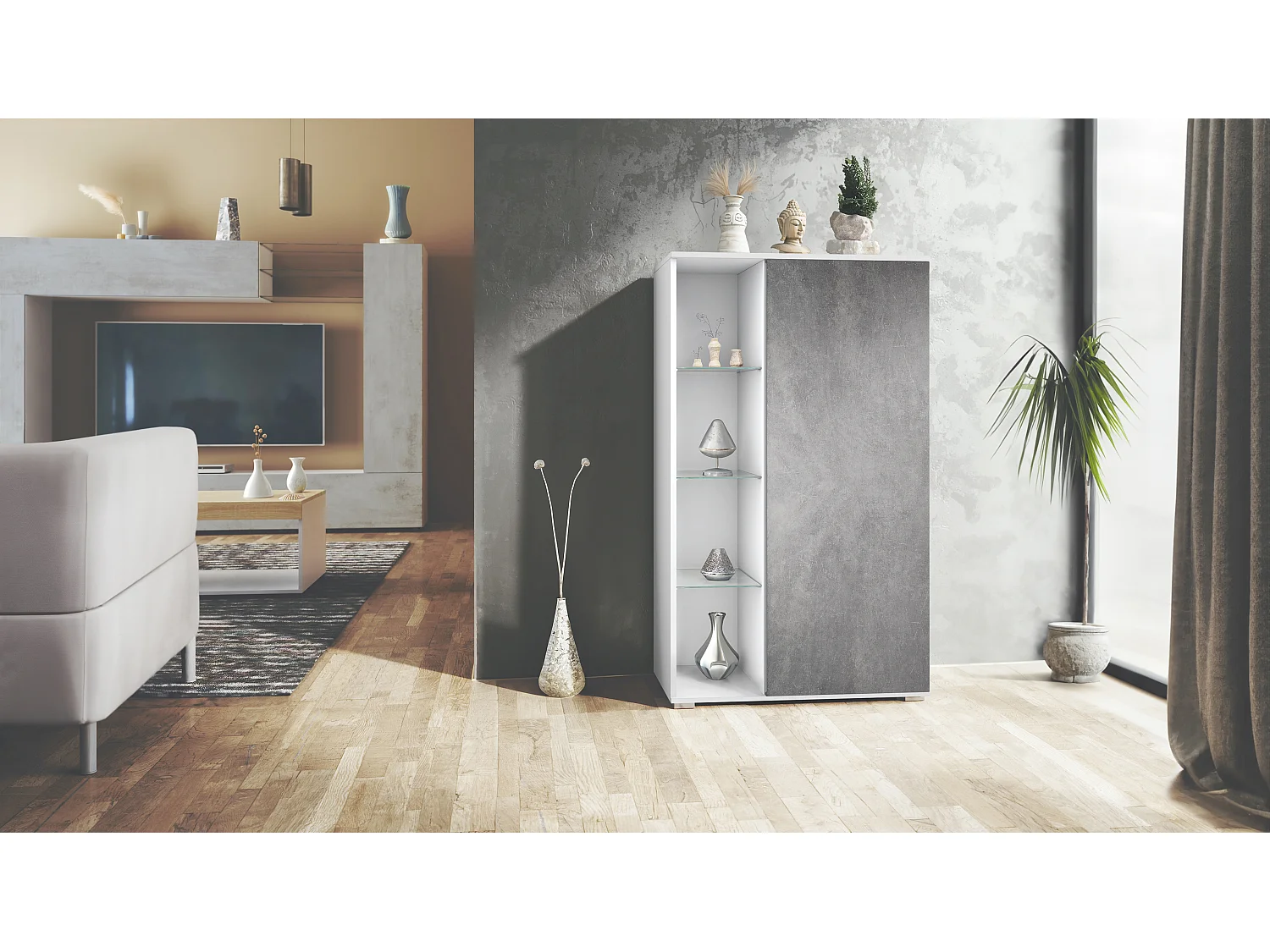 Vitrine Davos, vitrine sur pied avec 3 étagères en verre et 8 compartiments, blanc mat/Gris pierre  (71,5 x 134 x 35 cm)