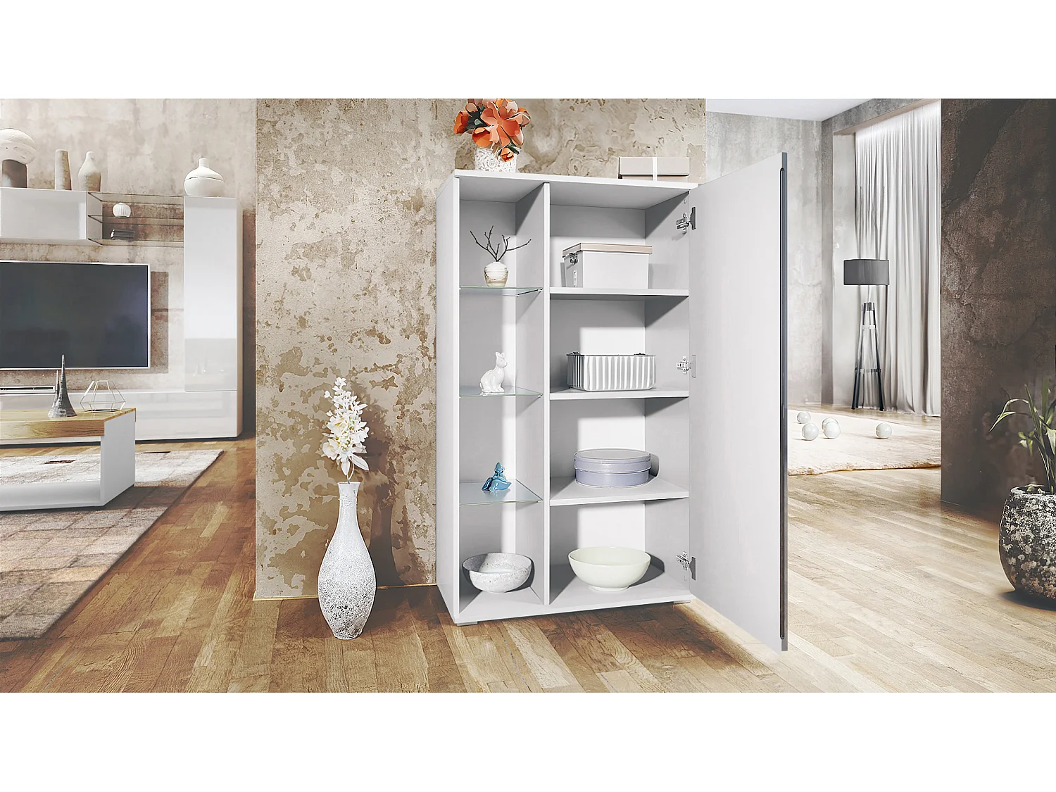 Vitrine Davos, vitrine sur pied avec 3 étagères en verre et 8 compartiments, blanc mat/Gris pierre  (71,5 x 134 x 35 cm)