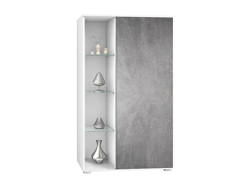 Vitrine Davos, vitrine sur pied avec 3 étagères en verre et 8 compartiments, blanc mat/Gris pierre  (71,5 x 134 x 35 cm)