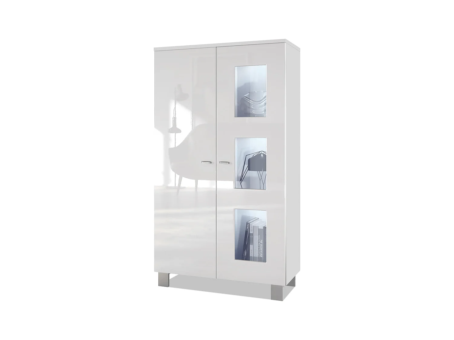 Vitrine de salon Denjo, Vitrine sur pied avec 2 portes et 3 vitres, Blanc mat/Blanc haute brillance, éclairage LED inclus (71 x 129 x 35 cm)