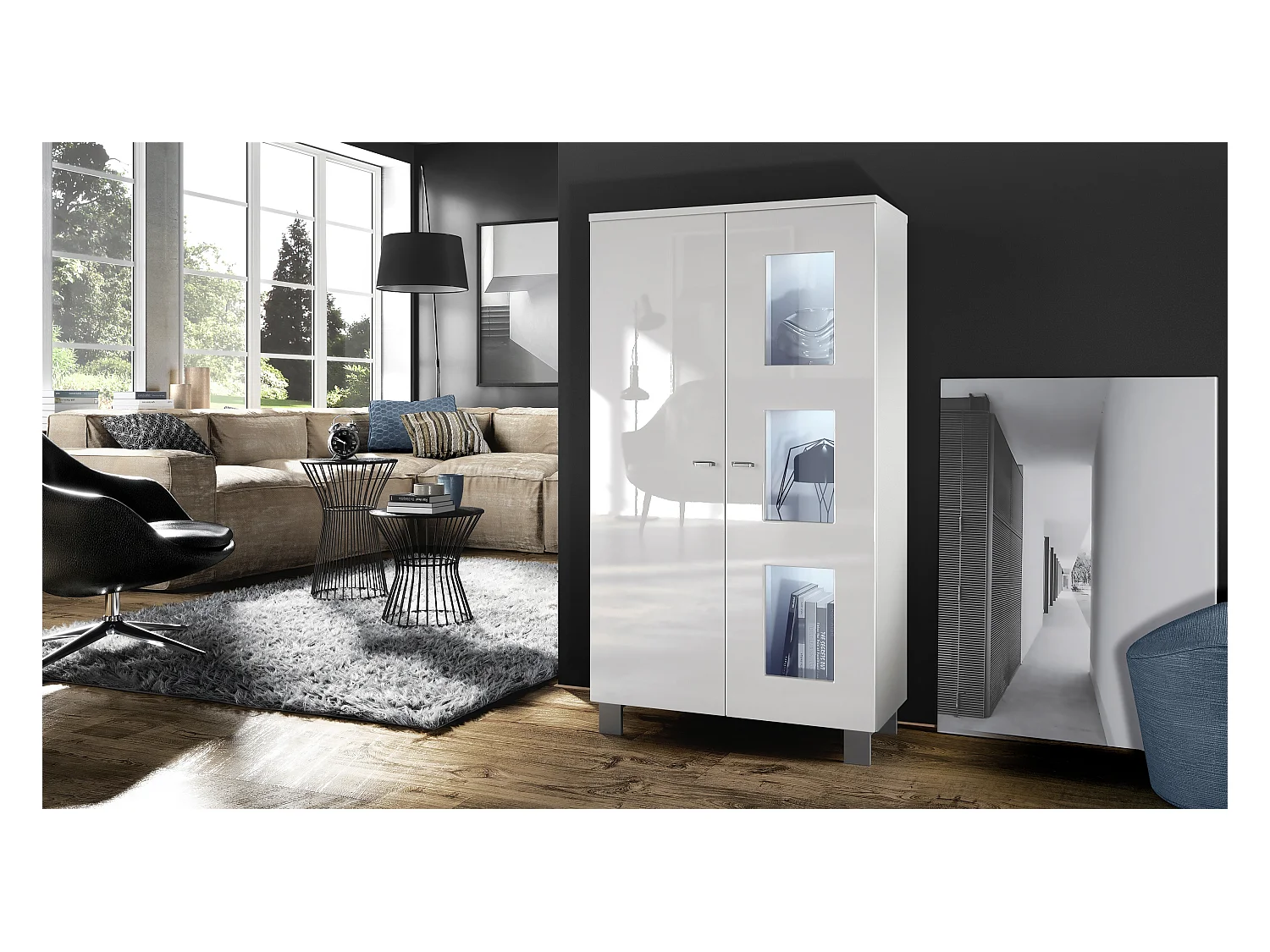 Vitrine de salon Denjo, Vitrine sur pied avec 2 portes et 3 vitres, Blanc mat/Blanc haute brillance, éclairage LED inclus (71 x 129 x 35 cm)
