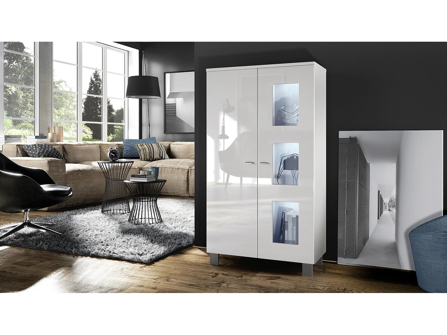 Vetrina  Denjo, vetrina indipendente con 2 ante e 3 pannelli in vetro, bianco opaco/bianco lucido, illuminazione a LED inclusa.