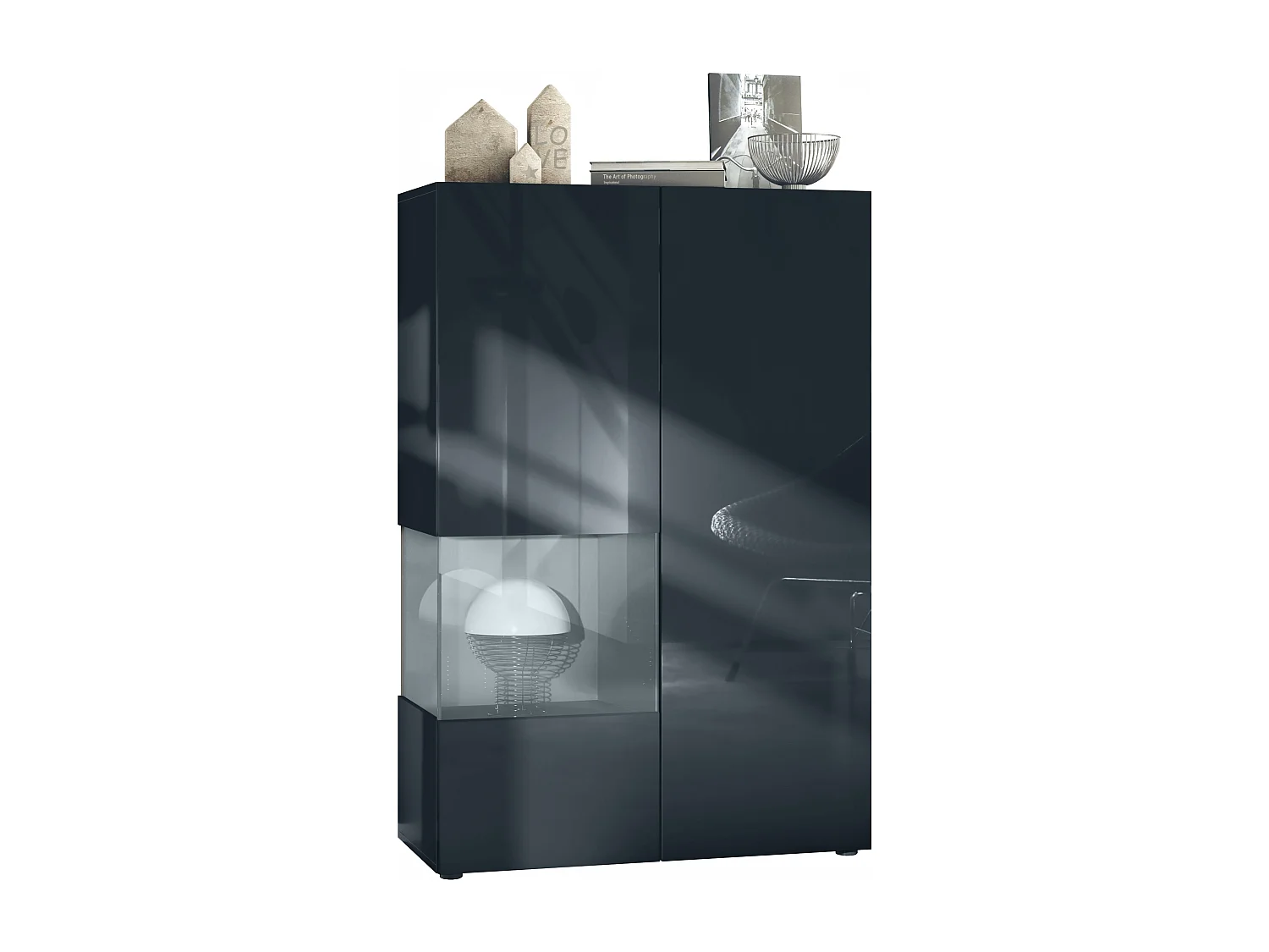 Vitrine Morena V2, vitrine sur pied avec 2 portes et insert en verre, corps noir mat, façades noir haute brillance, Cube gris haute brillance