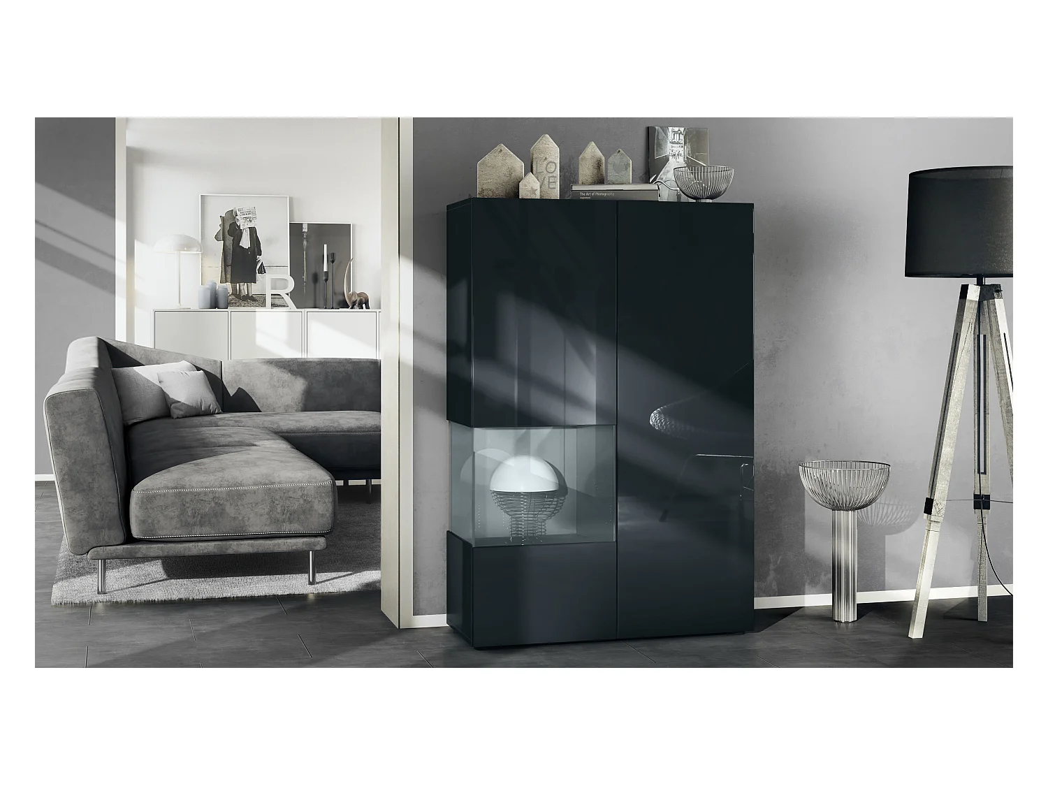 Vitrine Morena V2, vitrine sur pied avec 2 portes et insert en verre, corps noir mat, façades noir haute brillance, Cube gris haute brillance