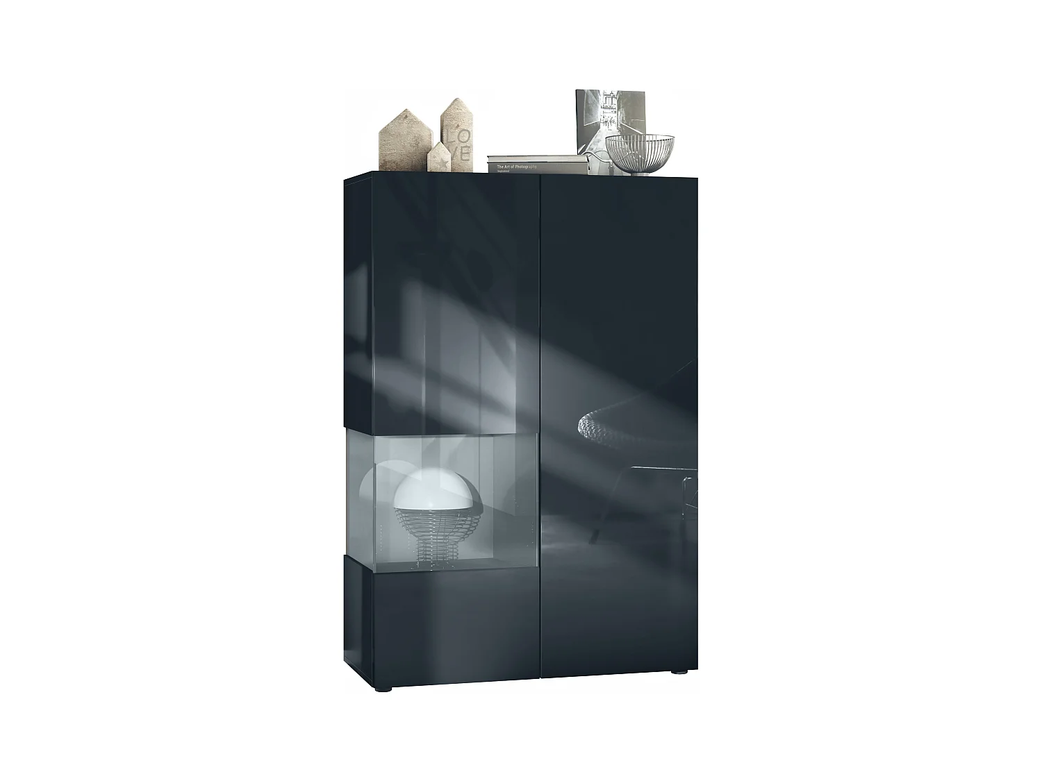 Vitrina Vladon Morena V2, vitrina de pie con 2 puertas e inserción de cristal, carcasa negro mate, frentes negro de alto brillo, Cube gris de alto brillo