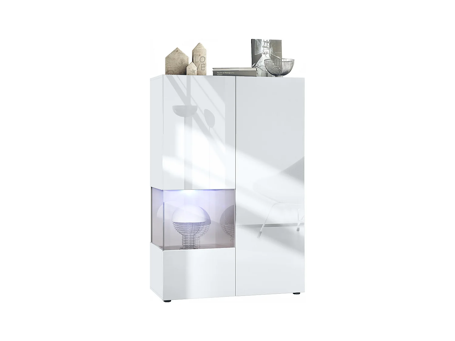 Vitrine Morena V2, vitrine sur pied avec 2 portes et insert en verre, corps blanc mat, façades Blanc brillant, Cube gris sable brillant avec LED blanc