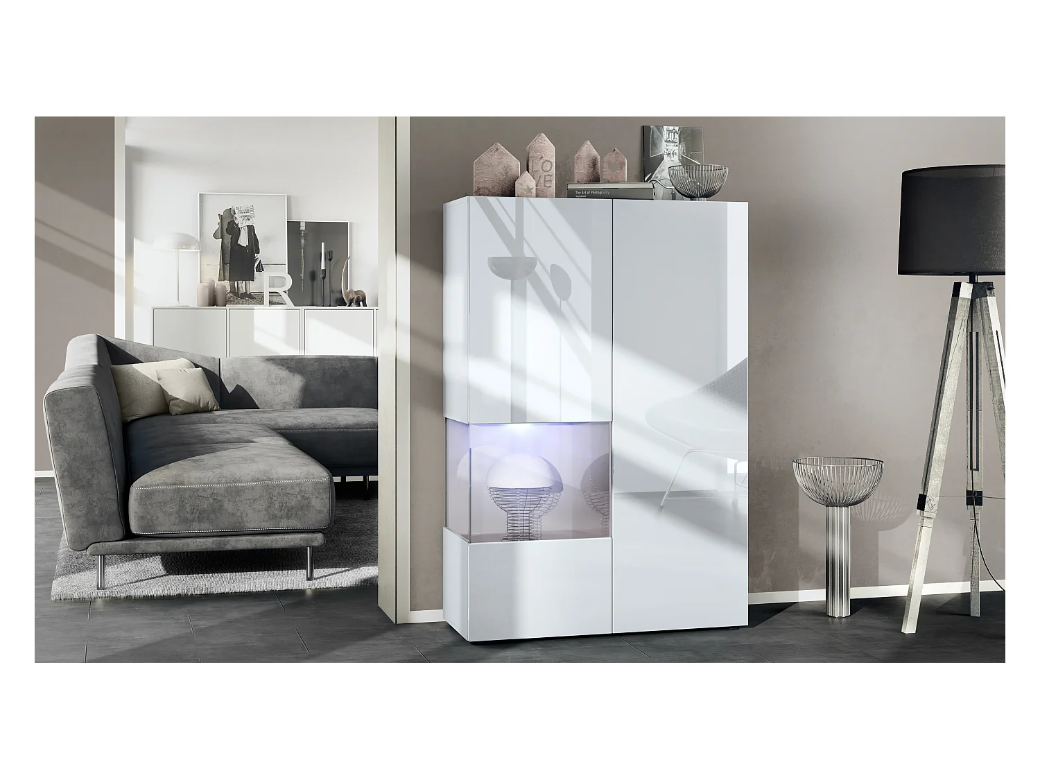 Vitrine Morena V2, vitrine sur pied avec 2 portes et insert en verre, corps blanc mat, façades Blanc brillant, Cube gris sable brillant avec LED blanc