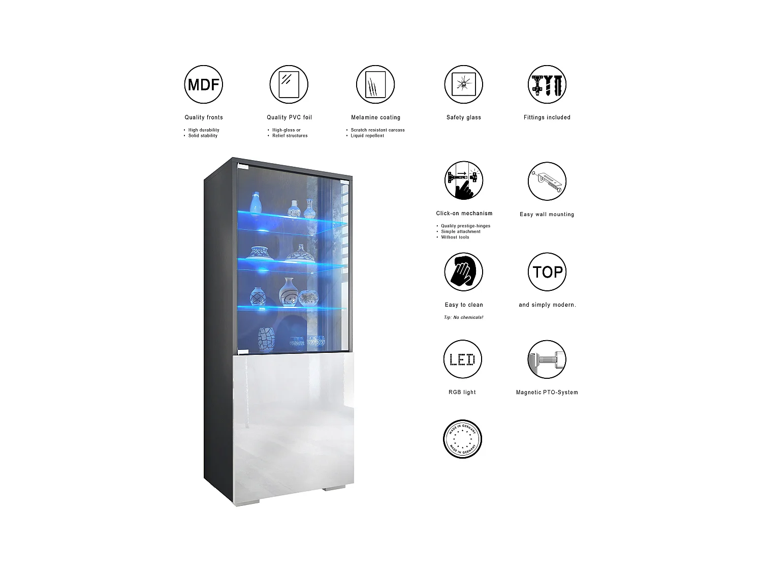 Vitrine Granada de , Armoire Vitrée Made in Germany avec Porte en Verre et Insert en Verre y compris LED, anthracite mat/gris sable brillant (50x122,5x34,5 cm)