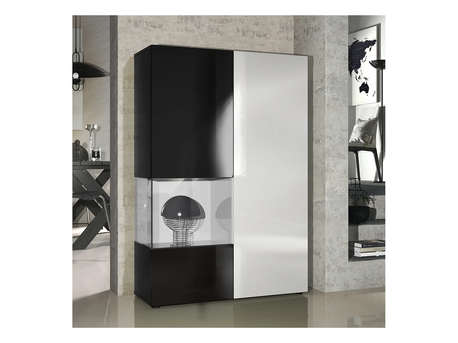 Vitrine Armoire Morena, Corps en Noir mat / Porte droite et insert en Blanc haute brillance