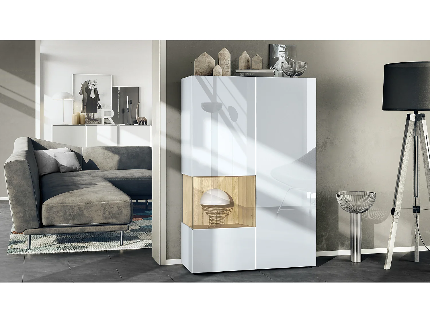 Vetrina Vladon Morena V2, vetrina a pavimento, mobile bianco opaco, frontali bianco lucido, cubo rovere naturale  (91,5 x 136,5 x 37 cm)