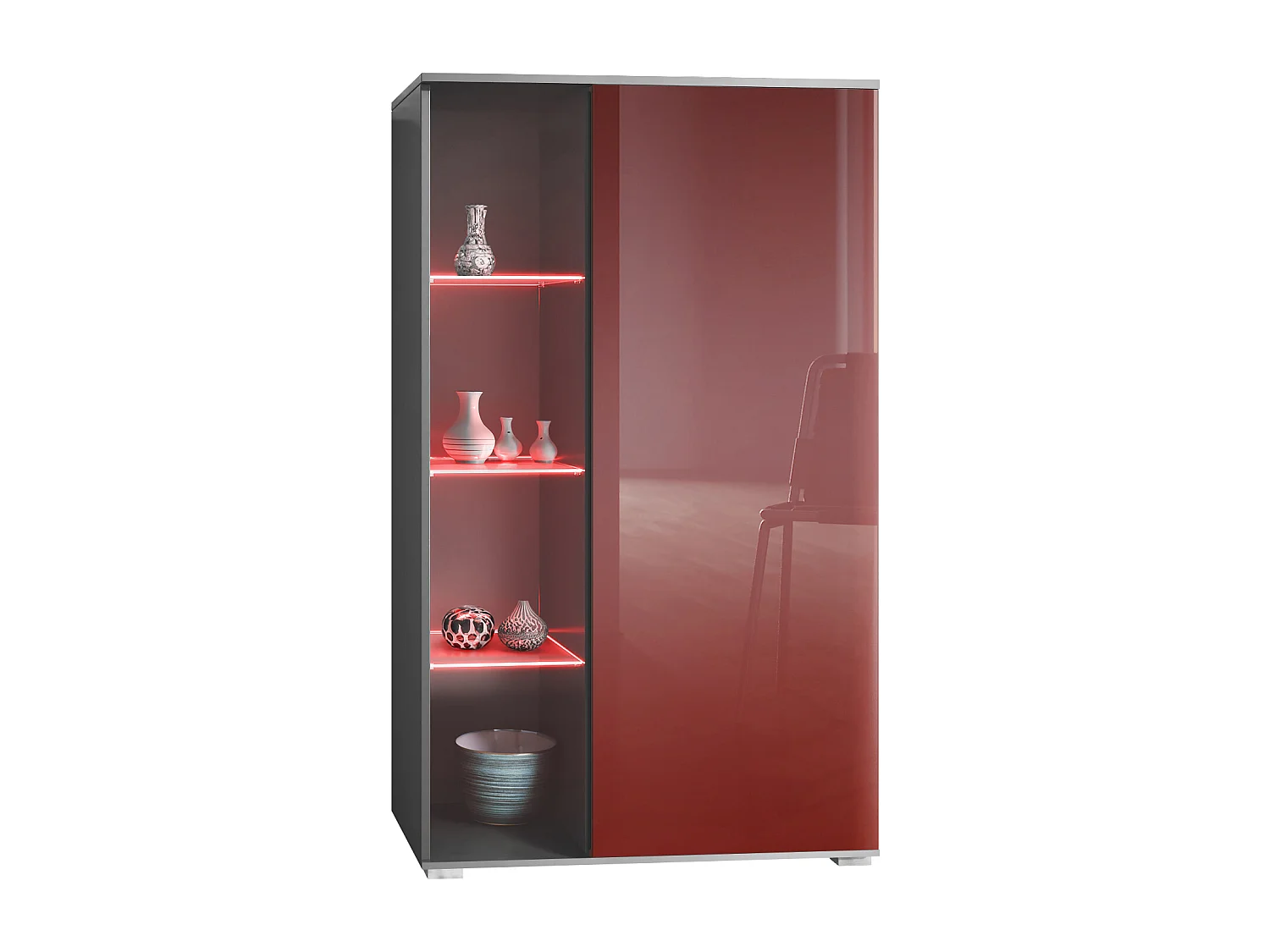 Vitrine Davos, vitrine sur pied avec 3 étagères en verre et 8 compartiments y compris LED, anthracite mat/bordeaux haute brillance  (71,5 x 134 x 35 cm)
