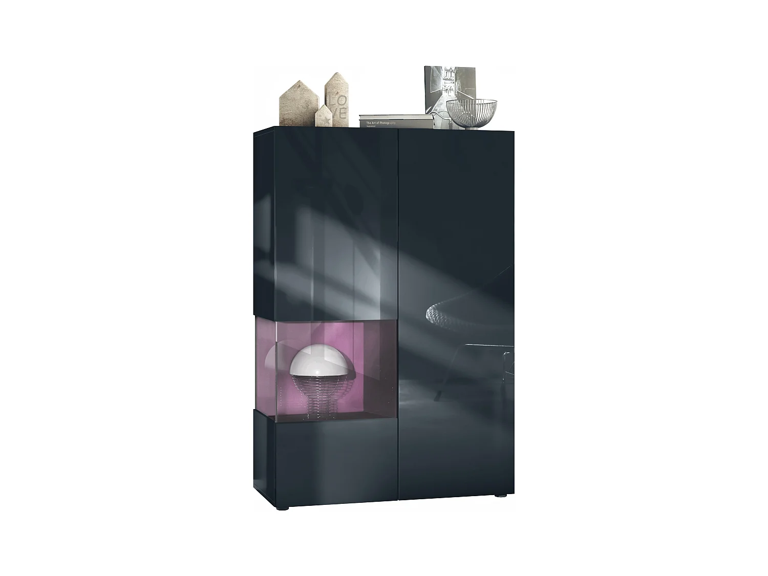 Vitrine Morena V2, vitrine sur pied avec 2 portes et insert en verre, corps noir mat, façades noir haute brillance, Cube mûre haute brillance