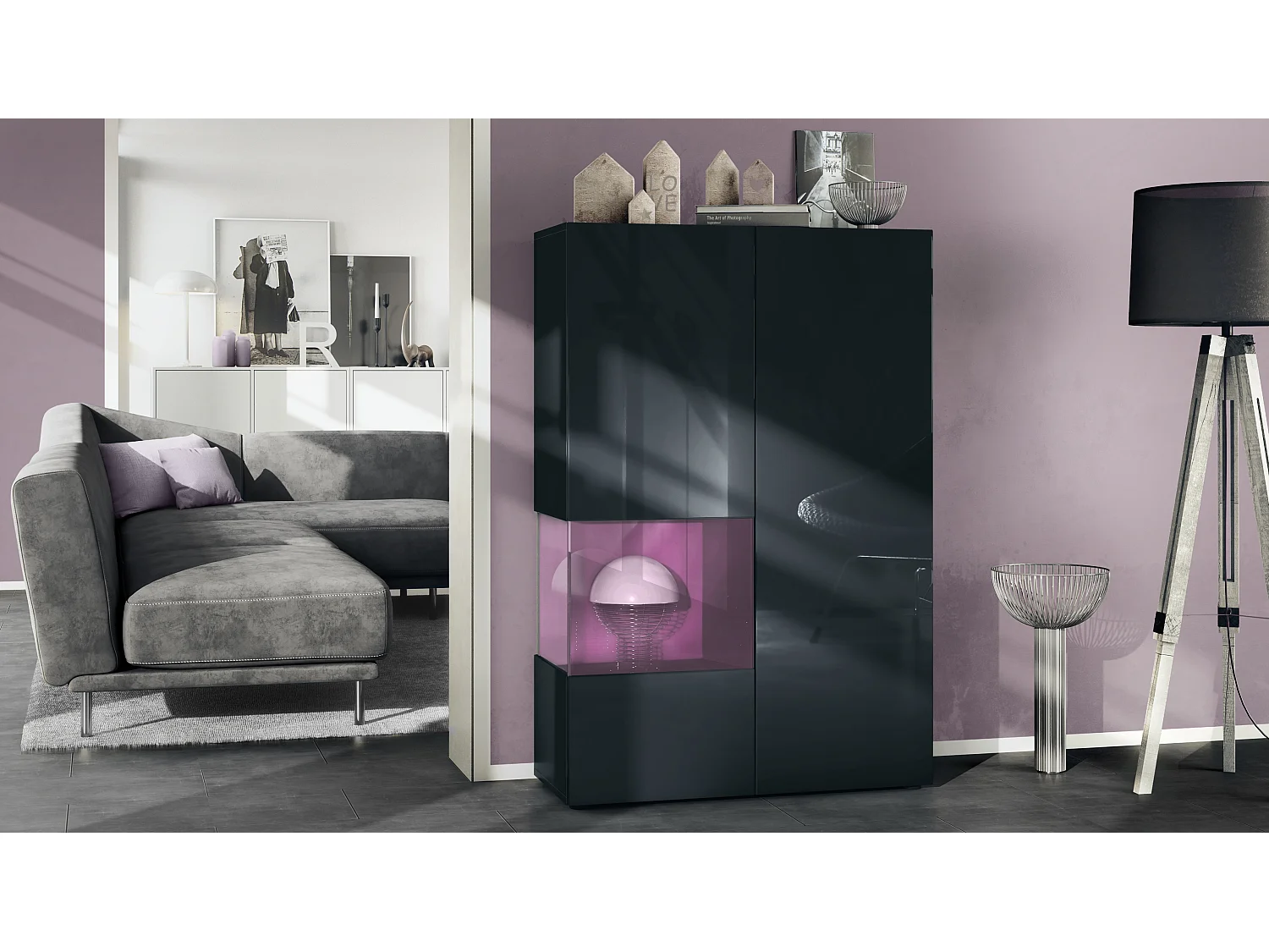 Vitrine Morena V2, vitrine sur pied avec 2 portes et insert en verre, corps noir mat, façades noir haute brillance, Cube mûre haute brillance