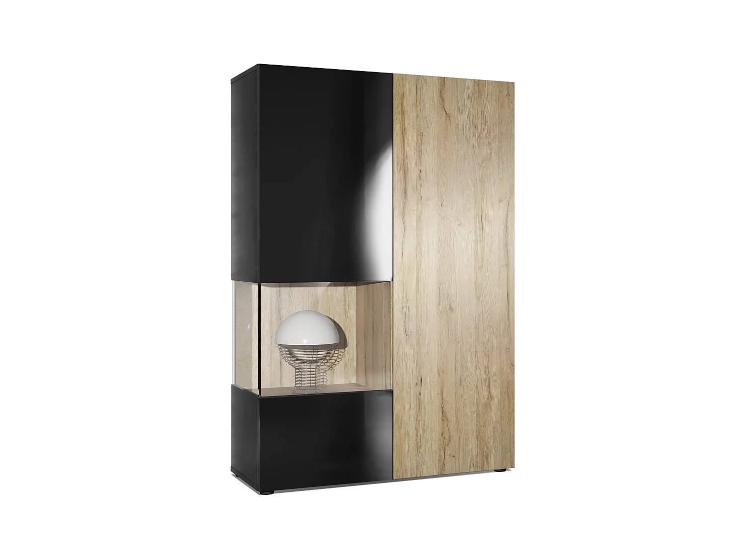 Vitrine Armoire Morena, Corps en Noir mat / Porte droite et insert en Chêne Nature