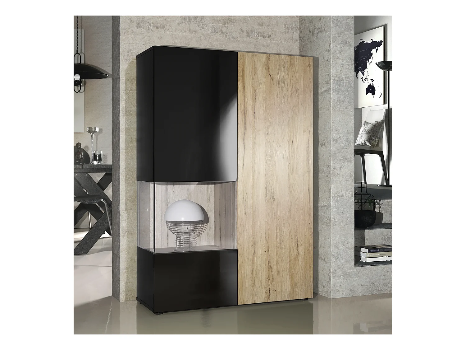 Vitrine Armoire Morena, Corps en Noir mat / Porte droite et insert en Chêne Nature