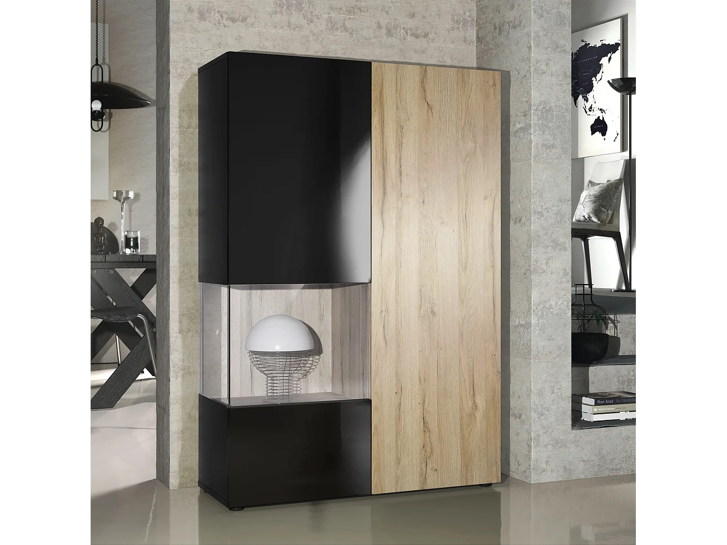 Armadio espositivo alto Morena, struttura in nero opaco / anta destra e inserto in rovere naturale