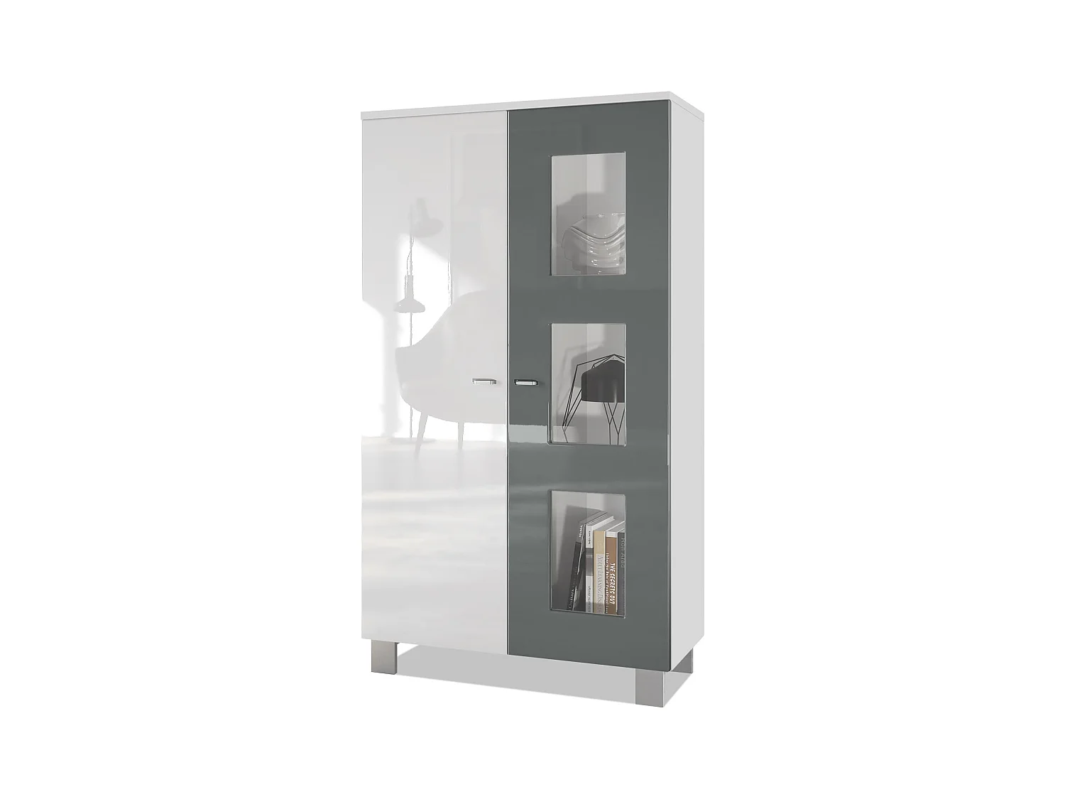 Vitrine de salon Denjo, Vitrine sur pied avec 2 portes et 3 vitres, Blanc mat/Blanc haute brillance/Gris haute brillance (71 x 129 x 35 cm)