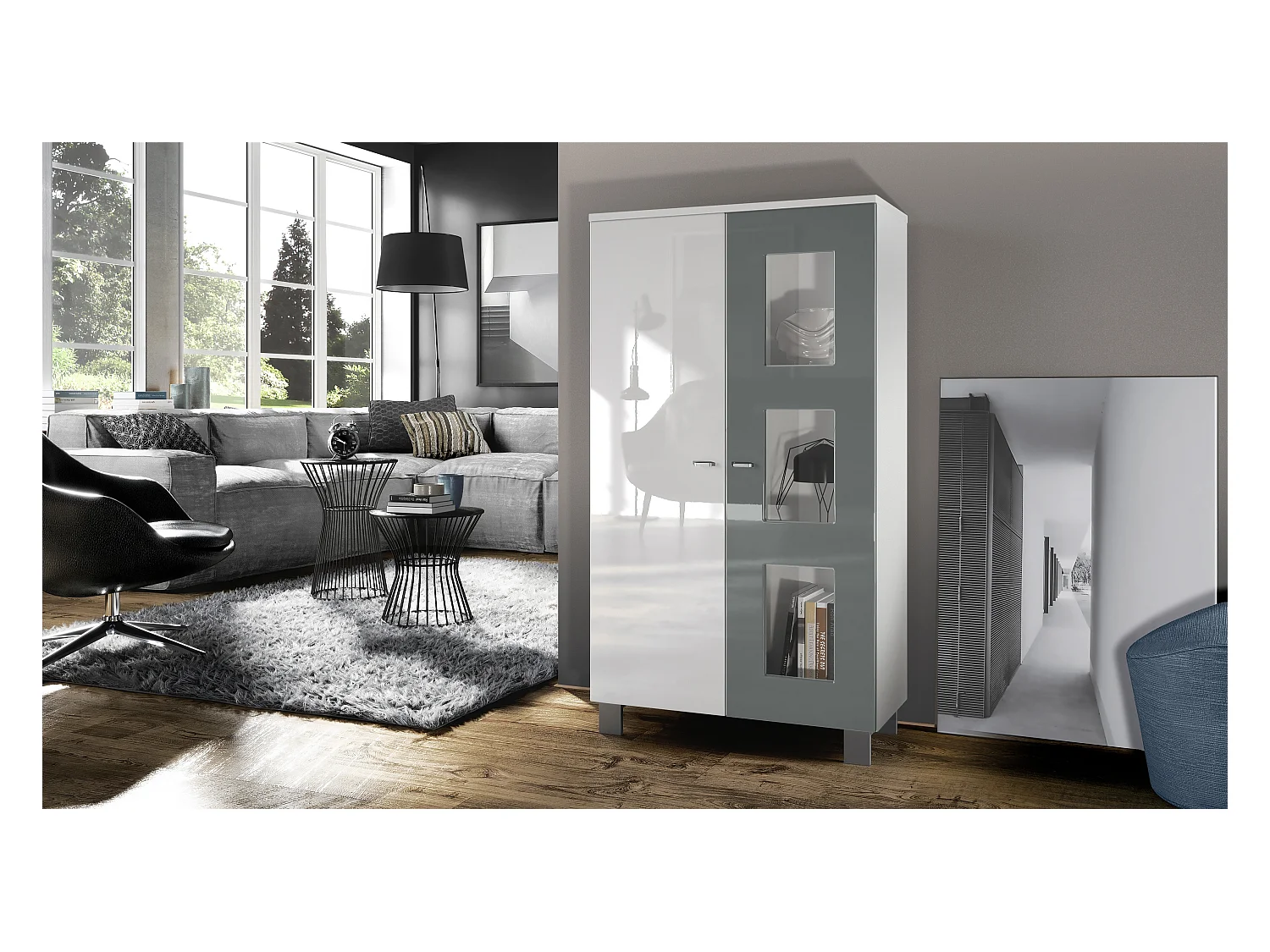 Vitrine de salon Denjo, Vitrine sur pied avec 2 portes et 3 vitres, Blanc mat/Blanc haute brillance/Gris haute brillance (71 x 129 x 35 cm)