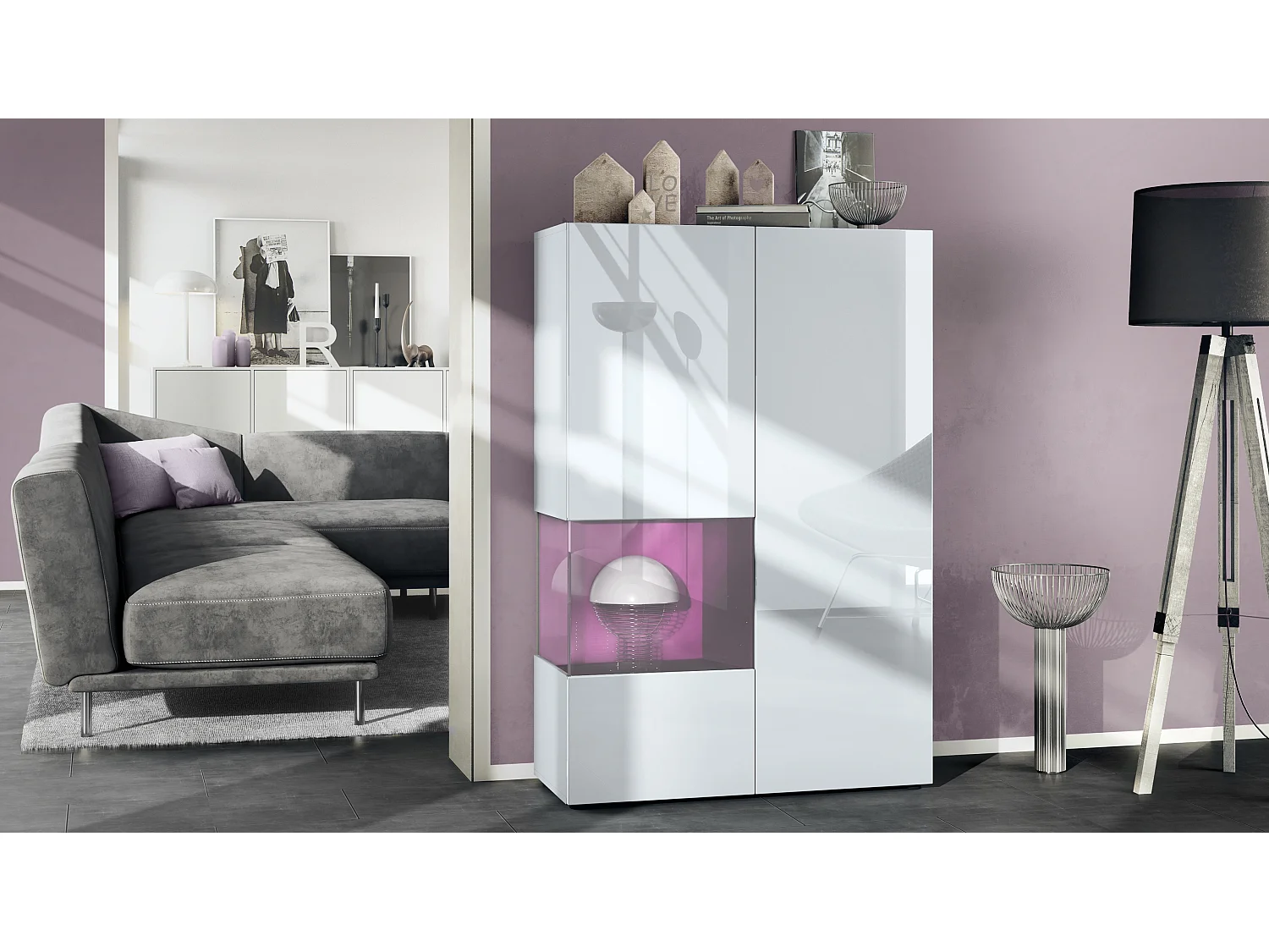 Vitrine Morena V2, vitrine sur pied avec 2 portes et insert en verre, corps blanc mat, façades blanc haute brillance, Cube mûre haute brillance