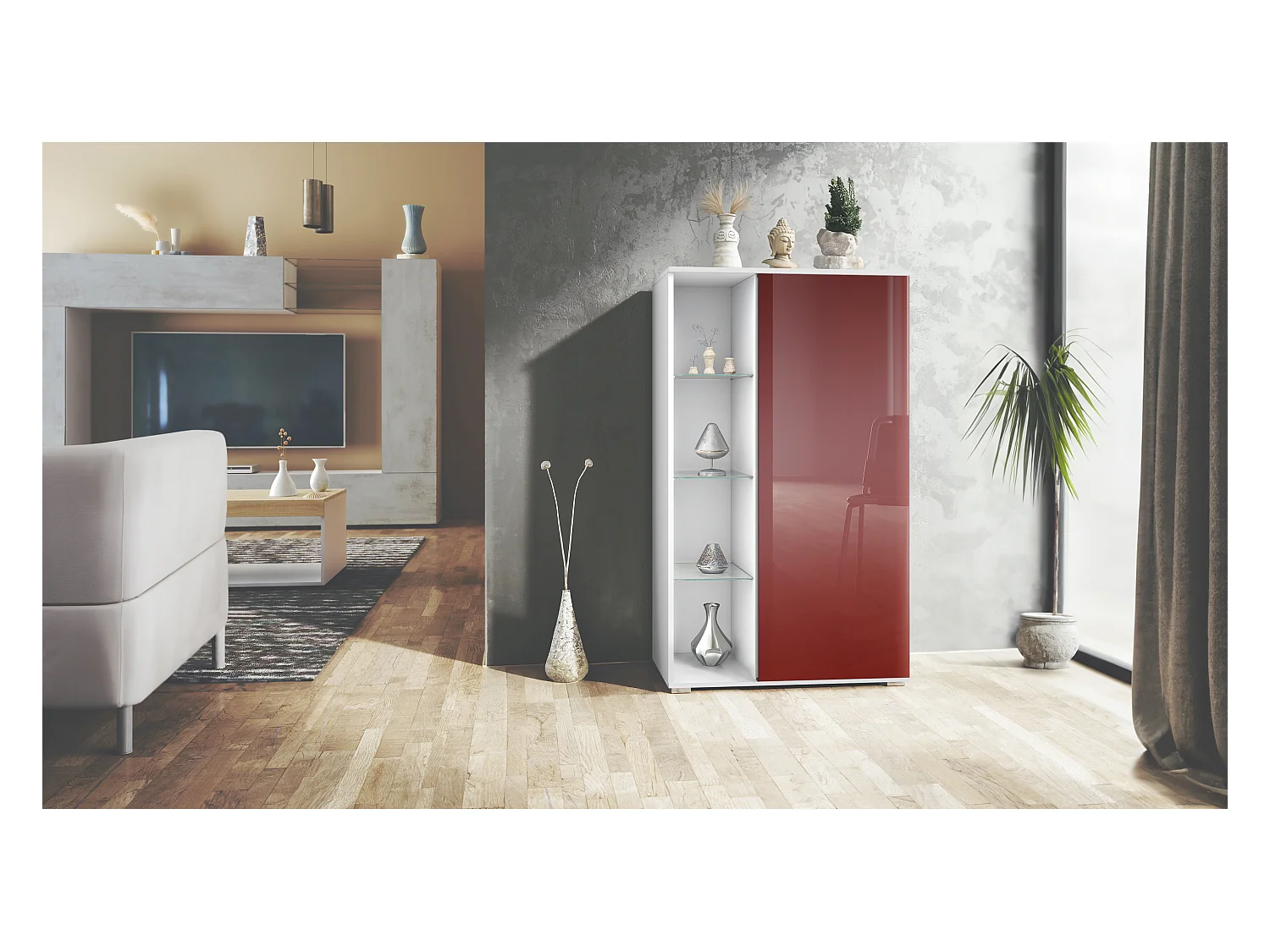 Vetrina Davos, vetrina indipendente con 3 ripiani in vetro e 8 vani, bianco opaco/bordeaux lucido  (71,5 x 134 x 35 cm)