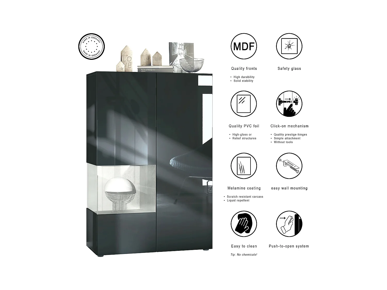 Vitrine Morena V2, vitrine sur pied avec 2 portes et insert en verre, corps noir mat, façades noir haute brillance, Cube blanc haute brillance