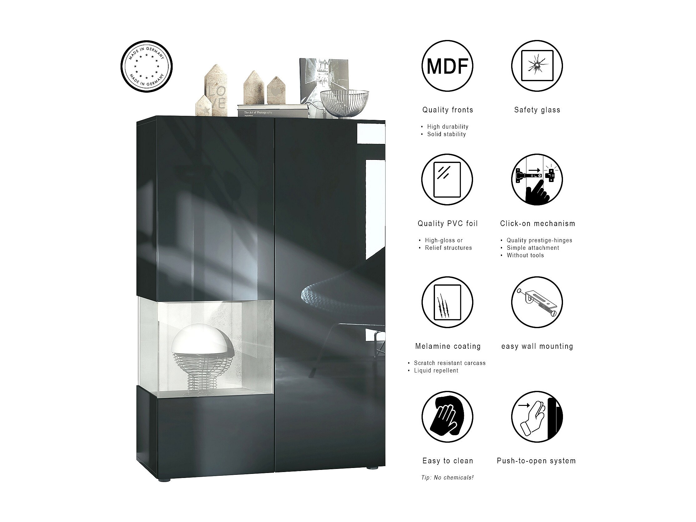 Vladon Set Mobile Bagno Aloha V2 - 189x193x51 Cm, Bianco Opaco/lucido Con Inserti Neri, 2 Pensili, Mobile Lavabo Con Ribalta, Made In Germany