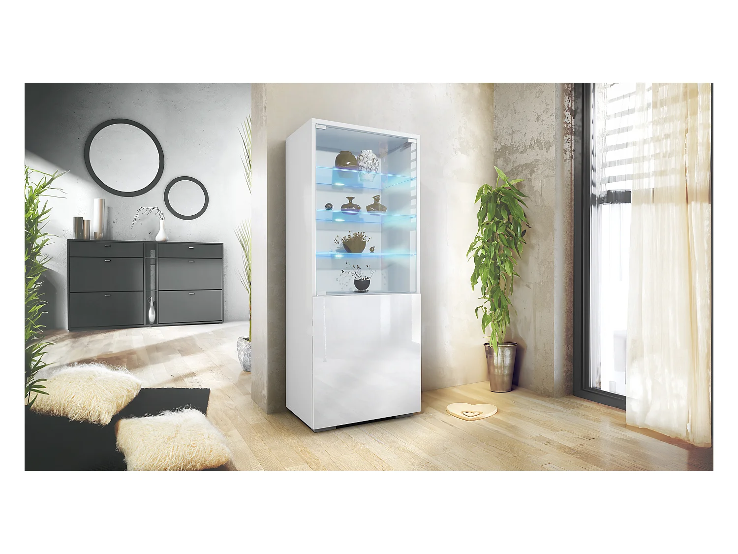 Vitrine Granada de , Armoire Vitrée Made in Germany avec Porte en Verre et Insert en Verre y compris LED, blanc mat/Blanc brillant (50 x 122,5 x 34,5 cm)