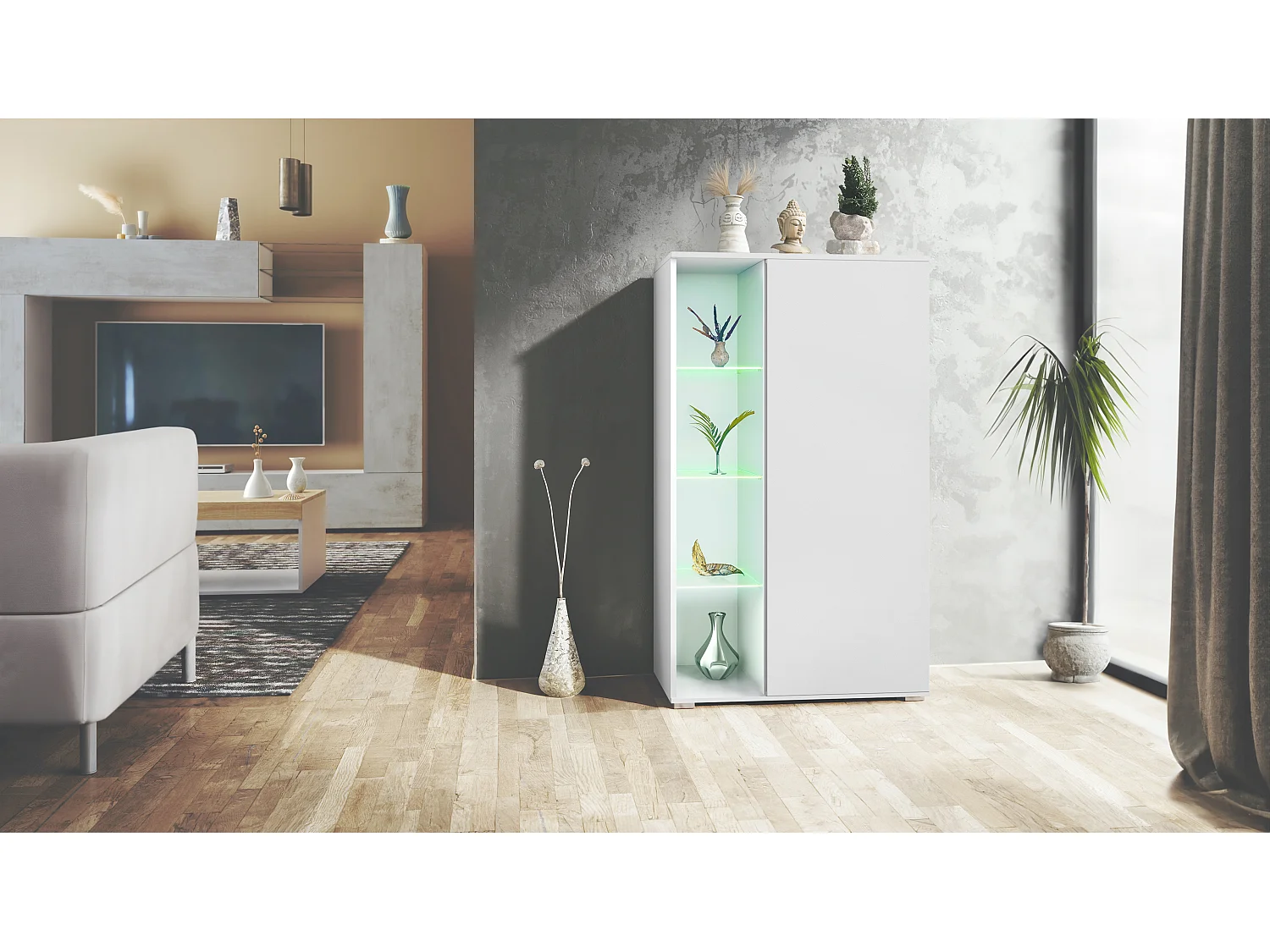 Vetrina Davos, vetrina indipendente con 3 ripiani in vetro e 8 vani incl. LED, bianco opaco/bianco opaco  (71,5 x 134 x 35 cm)