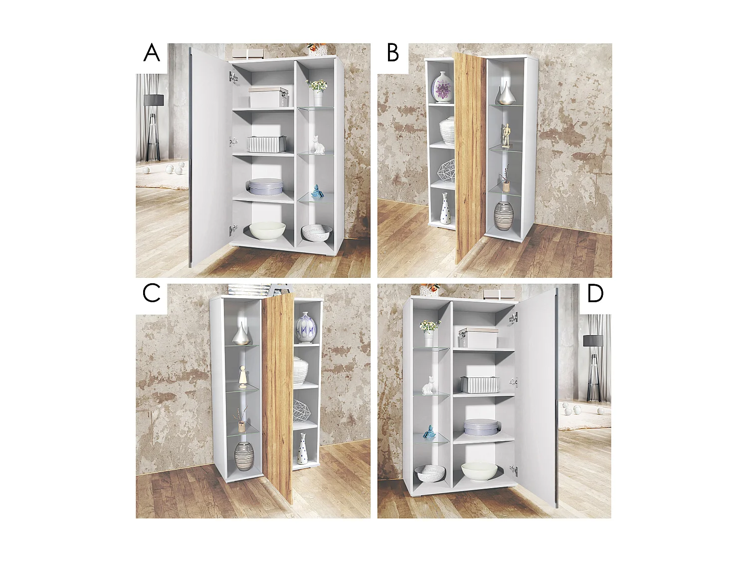 Vetrina Davos, vetrina indipendente con 3 ripiani in vetro e 8 vani incl. LED, bianco opaco/bianco opaco  (71,5 x 134 x 35 cm)