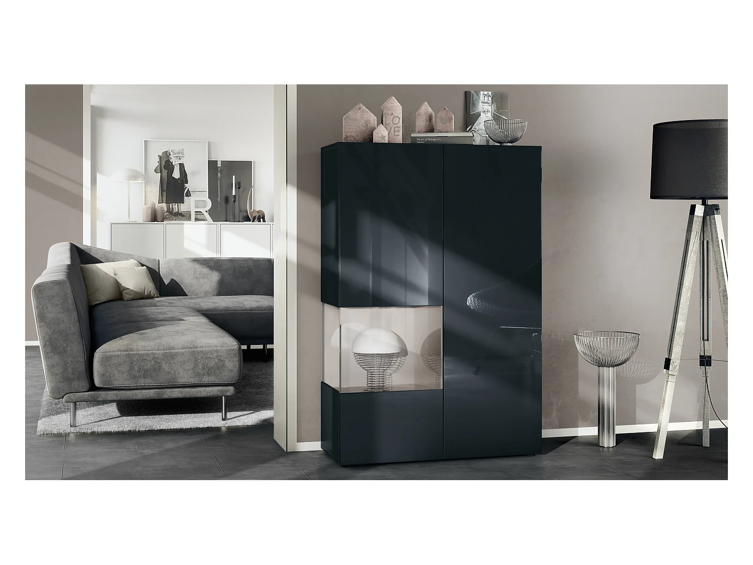 Vitrine Morena V2, vitrine sur pied avec 2 portes et insert en verre, corps noir mat, façades noir haute brillance, Cube gris sable haute brillance