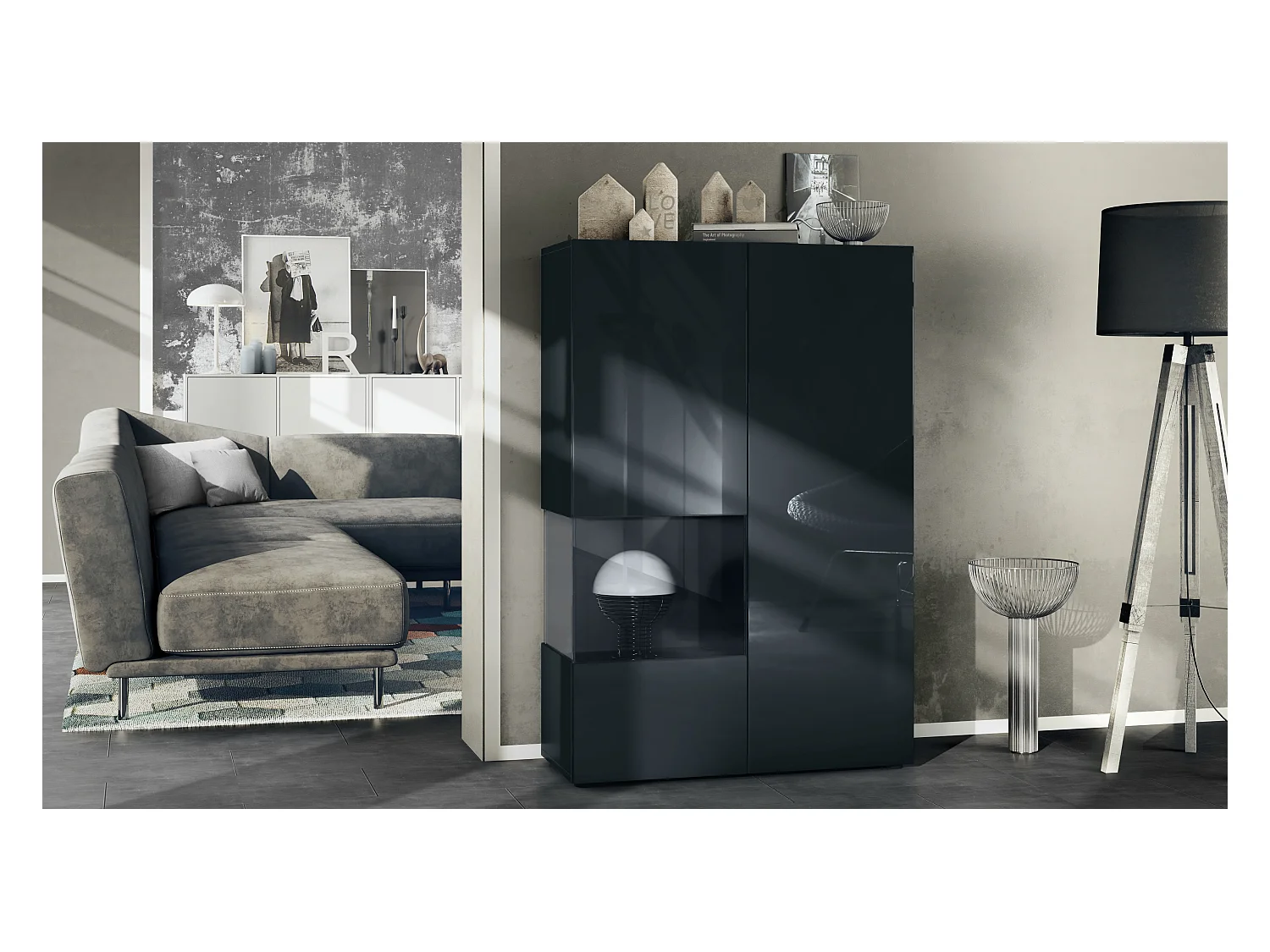 Vitrine Morena V2, vitrine sur pied avec 2 portes et insert en verre, corps noir mat, façades noir haute brillance, Cube noir mat
