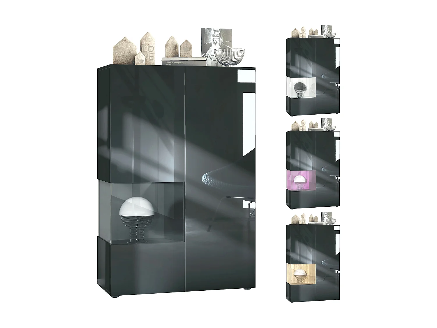 Vitrine Morena V2, vitrine sur pied avec 2 portes et insert en verre, corps noir mat, façades noir haute brillance, Cube noir mat