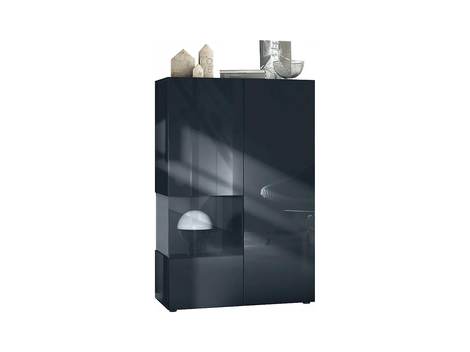 Vitrina Vladon Morena V2, vitrina de pie con 2 puertas e inserción de cristal, carcasa negro mate, frentes negro de alto brillo, Cube negro mate