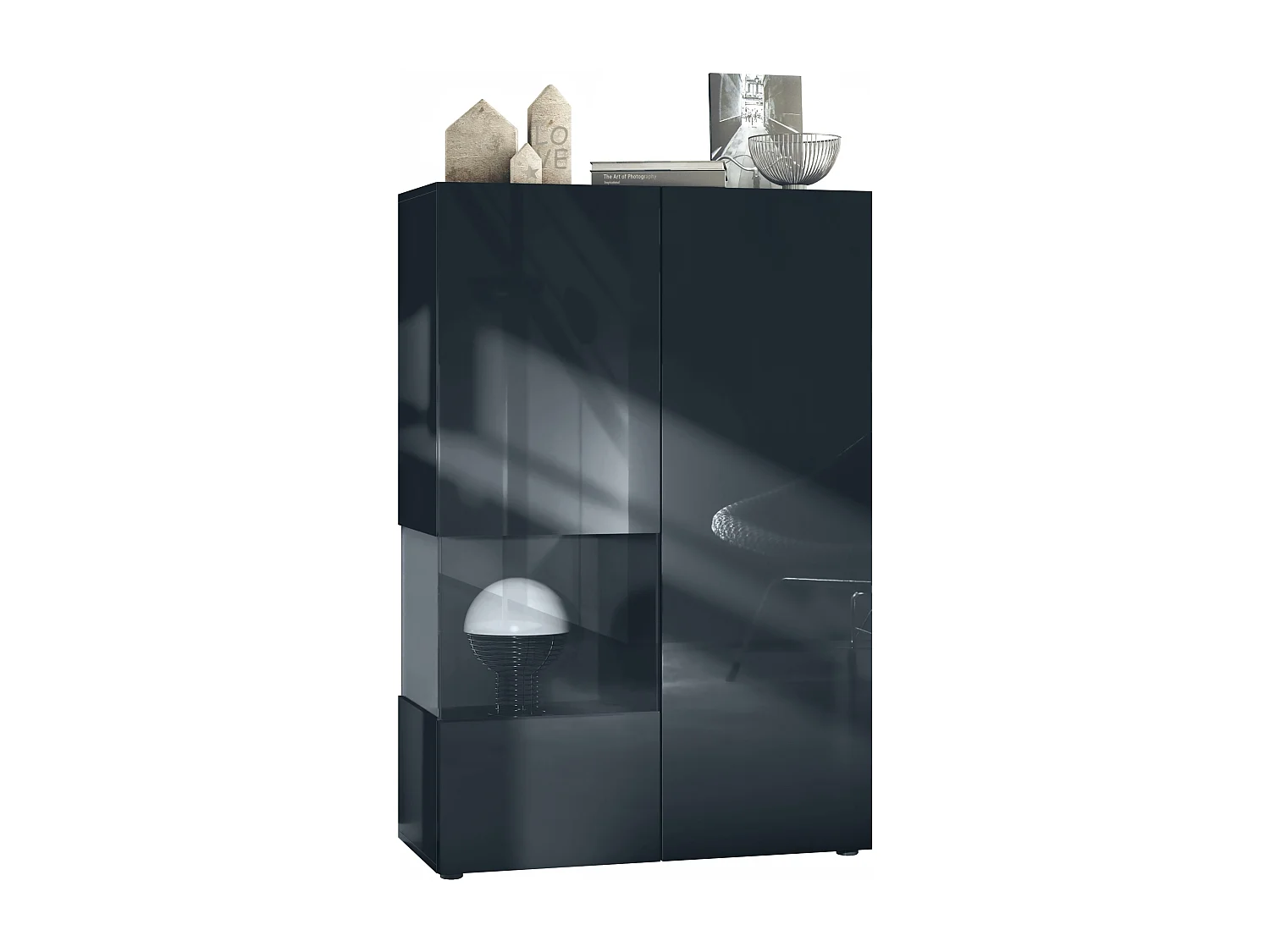 Vetrina Vladon Morena V2, vetrina a pavimento con 2 ante e inserto in vetro, mobile nero opaco, frontali nero lucido, cubo nero opaco  (91,5 x 136,5 x 37 cm)