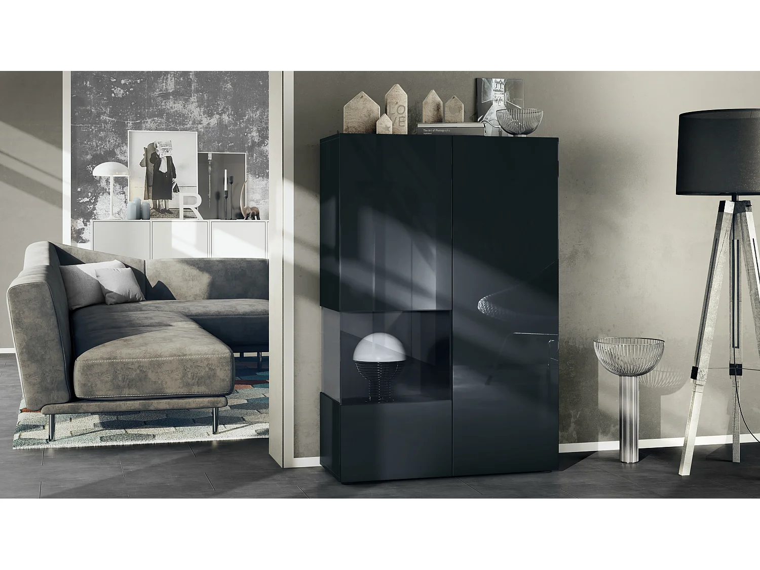 Vetrina Vladon Morena V2, vetrina a pavimento con 2 ante e inserto in vetro, mobile nero opaco, frontali nero lucido, cubo nero opaco  (91,5 x 136,5 x 37 cm)