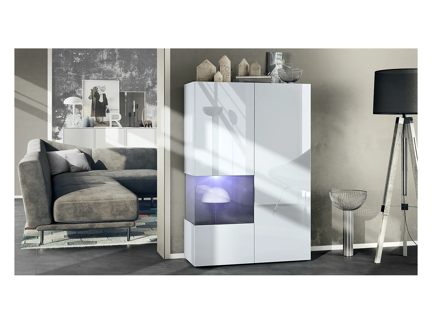 Vitrine Morena V2, vitrine sur pied avec 2 portes et insert en verre, corps blanc mat, façades Blanc brillant, Cube noir brillant avec éclairage LED blanc