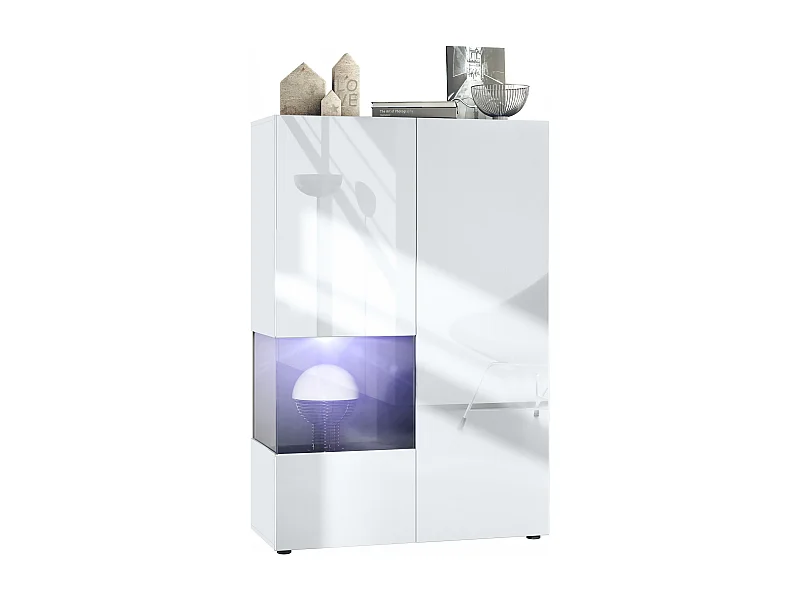 Vetrina Vladon Morena V2, vetrina a pavimento, mobile bianco opaco, frontali bianco lucido, cubo nero lucido con illuminazione LED bianca (91,5 x 136,5 x 37 cm)