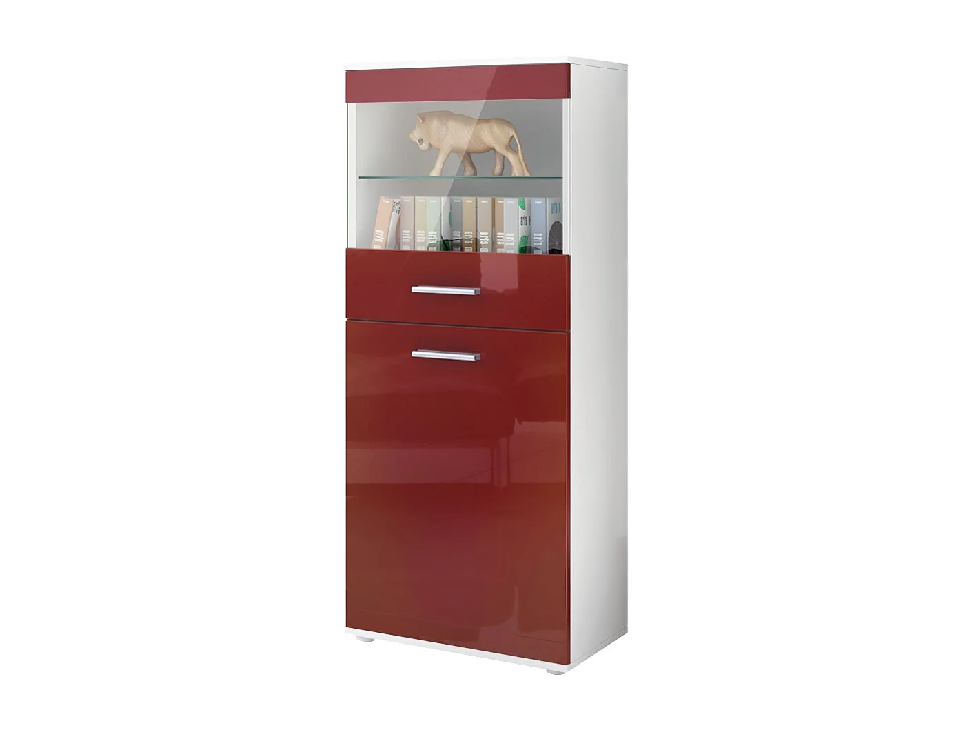 Vitrine de salon Almada, Vitrine sur pied avec 2 portes, 4 compartiments et 1 vitre, Blanc mat/Bordeaux haute brillance (53 x 125 x 30 cm)