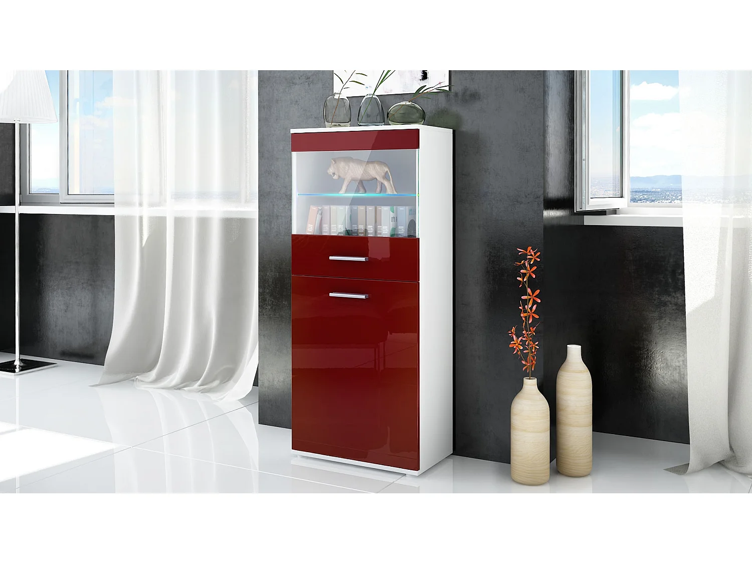 Vitrine de salon Almada, Vitrine sur pied avec 2 portes, 4 compartiments et 1 vitre, Blanc mat/Bordeaux haute brillance (53 x 125 x 30 cm)