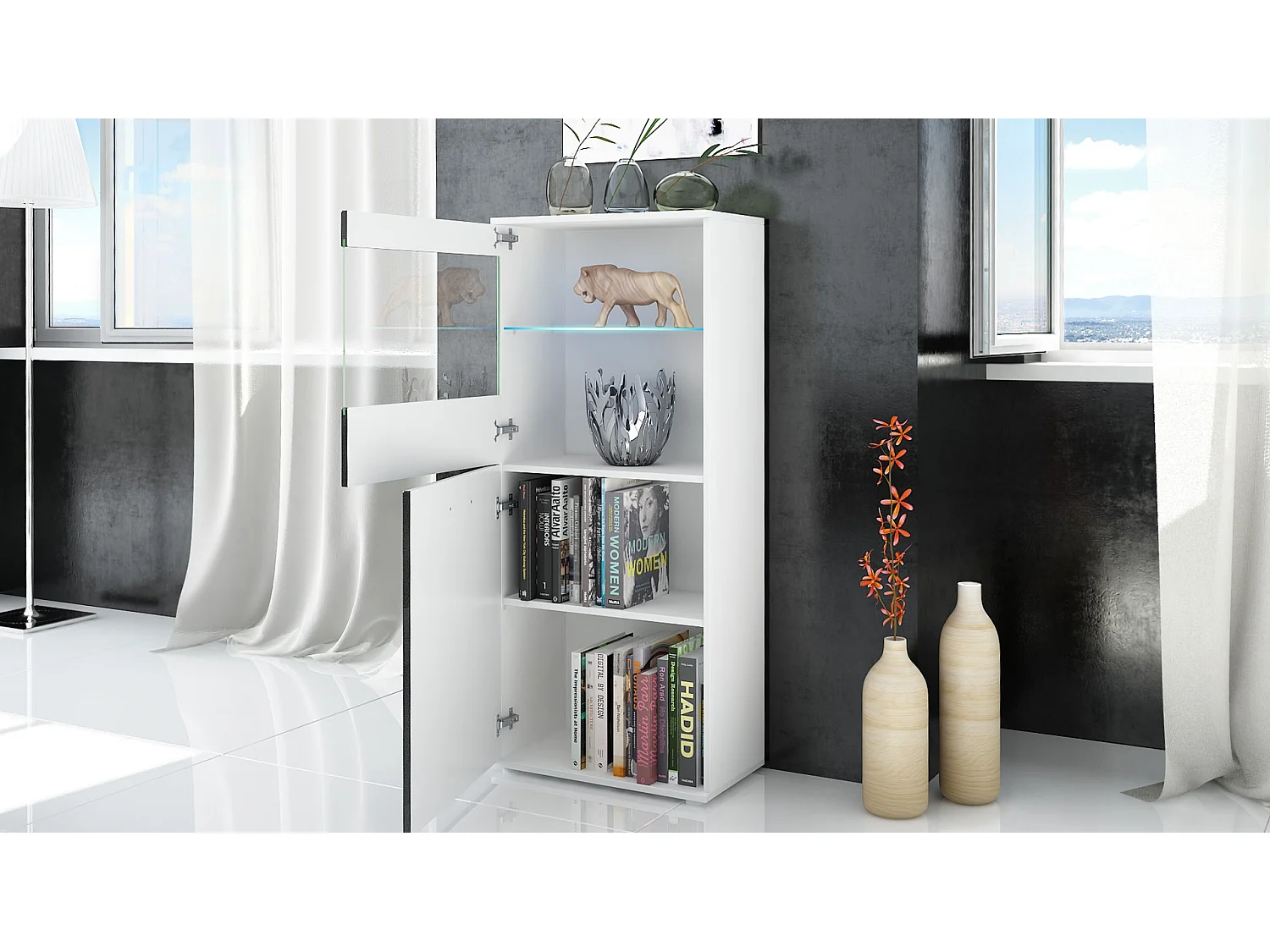 Vitrine de salon Almada, Vitrine sur pied avec 2 portes, 4 compartiments et 1 vitre, Blanc mat/Bordeaux haute brillance (53 x 125 x 30 cm)